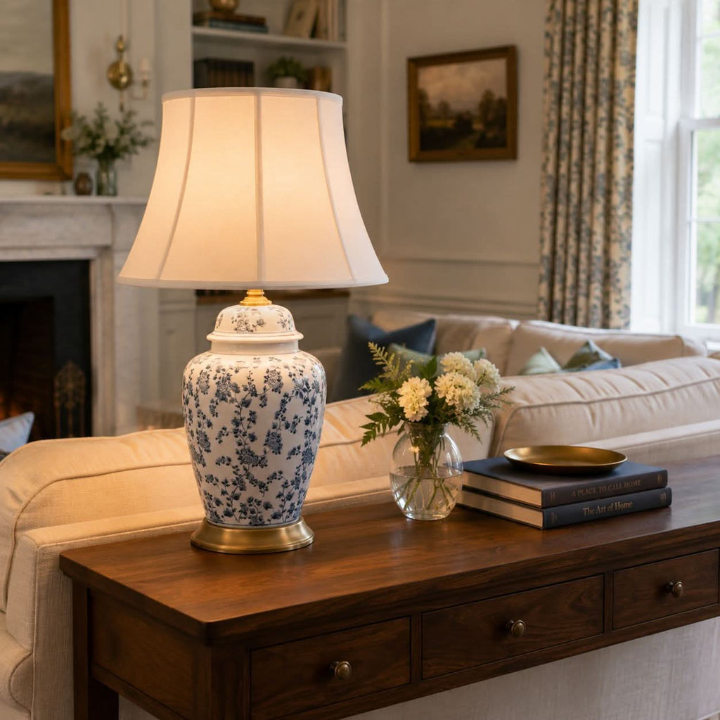 Lightsin Blue Floral Ceramic Table Lamp with Fabric Shade and Brass Base