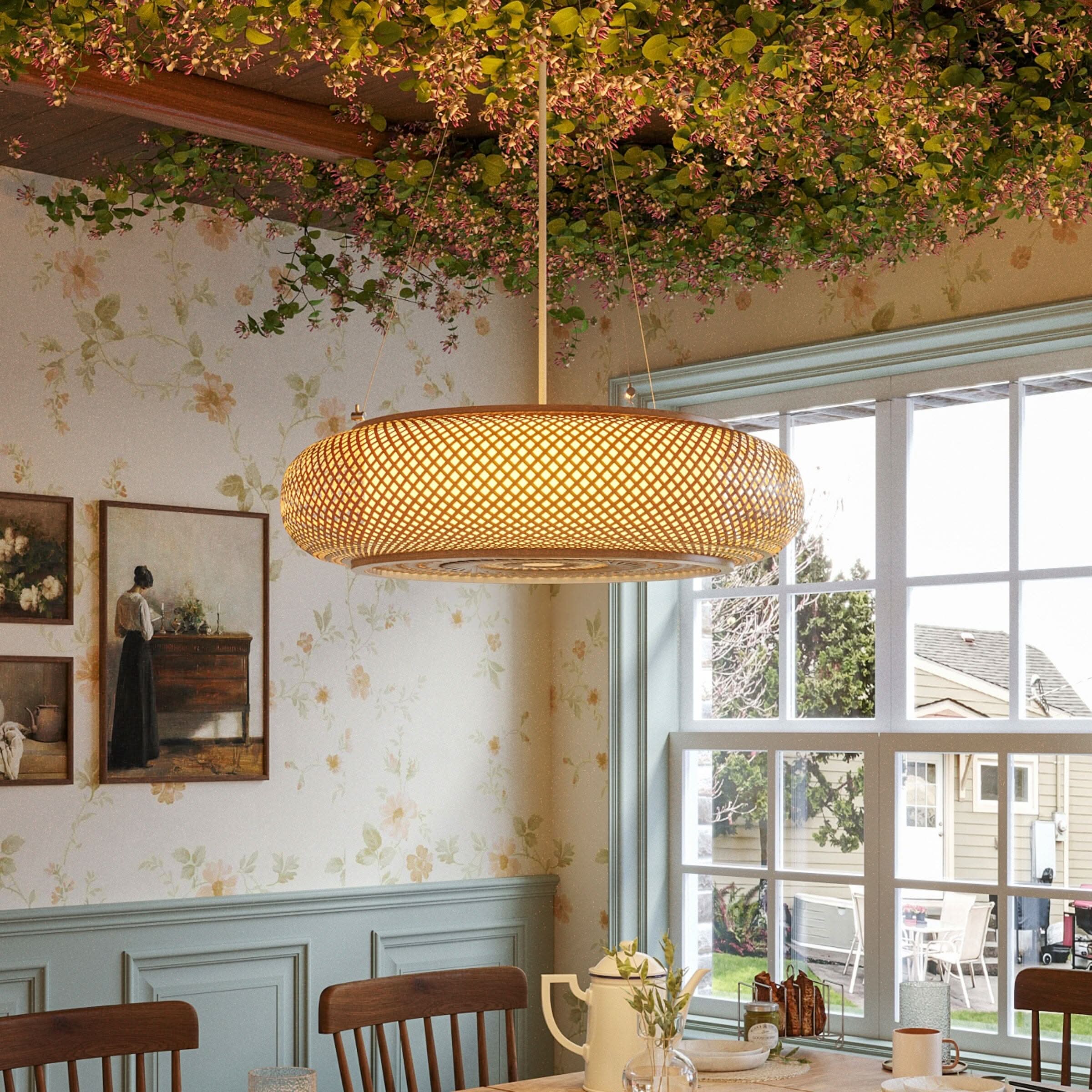 Lightsin Lutta-Japanese-Style Bamboo Rattan Pendant & Ceiling Light – Flat Flush Mount or Hanging Fixture for Bedroom, Living Room & More