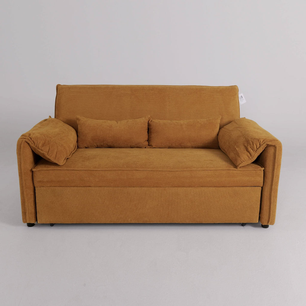 Caramel & Ginger Yellow Fabric Sofa Bed with Adjustable Backrest and Easy Pull-Out Mechanism