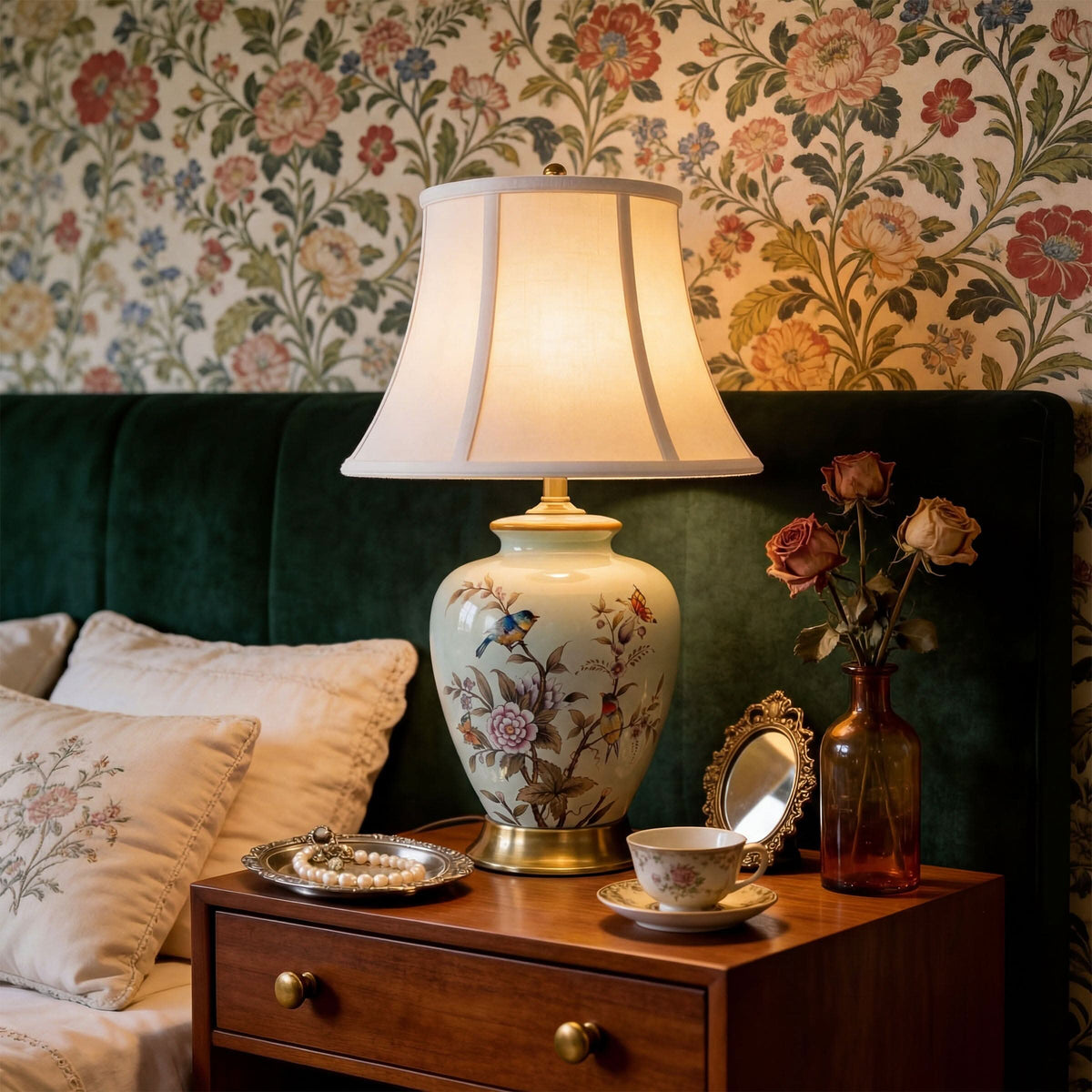 Lightsin Hand-Painted Vintage Ceramic Bird & Floral Table Lamp in Soft Celadon Green