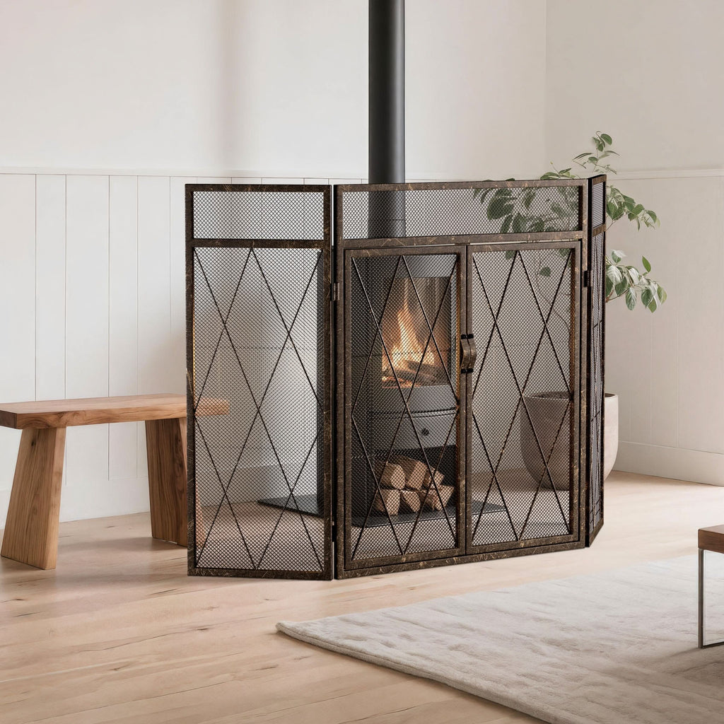 Smallbee Triple-Fold Iron Fireplace Screen Antique Copper Powder-Coated – 127x13x81cm