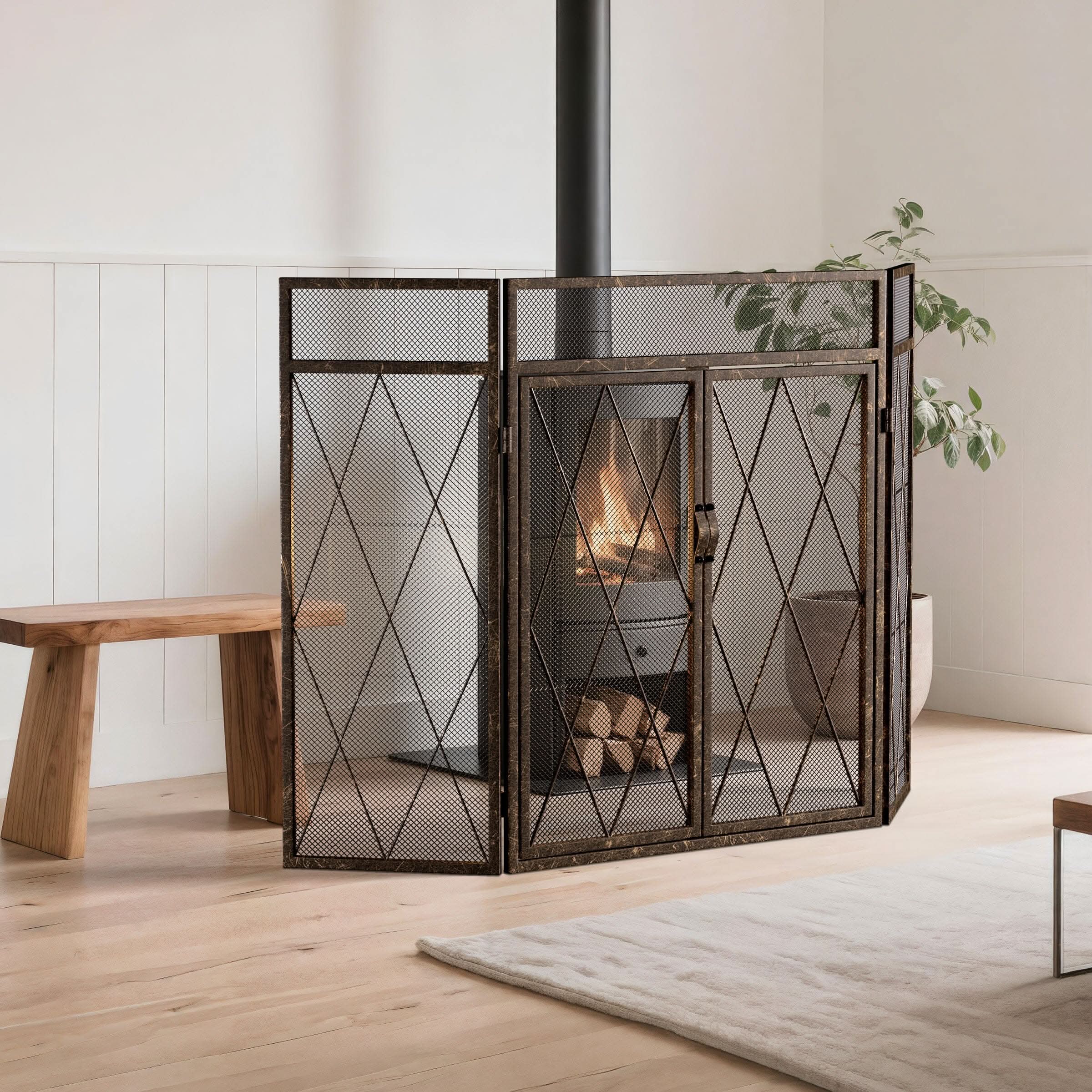 Smallbee Triple-Fold Iron Fireplace Screen Antique Copper Powder-Coated – 127x13x81cm