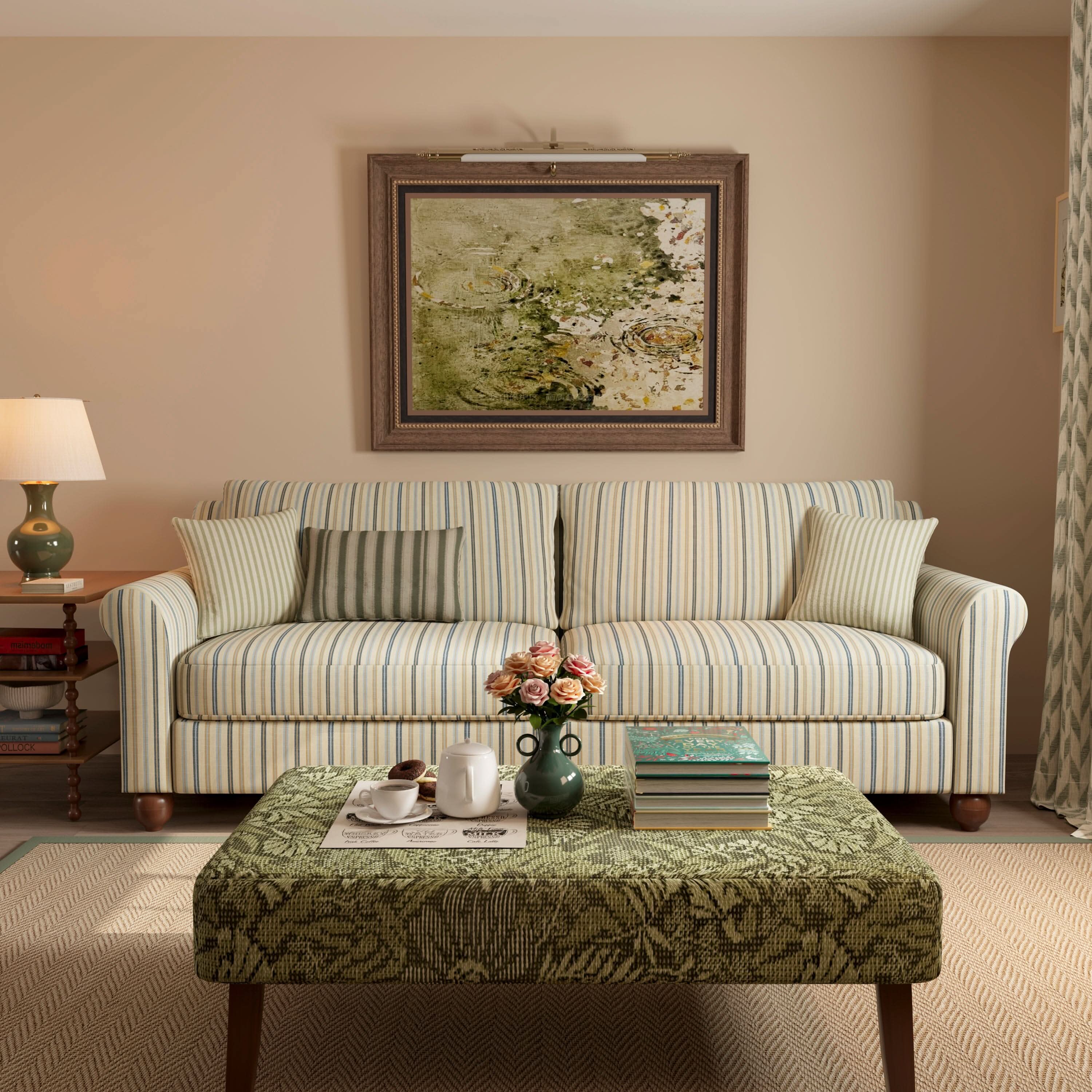 Cottonfy Striped Cotton Linen Blend Rolled Arm Sofa with Soild Wood Bun Feet
