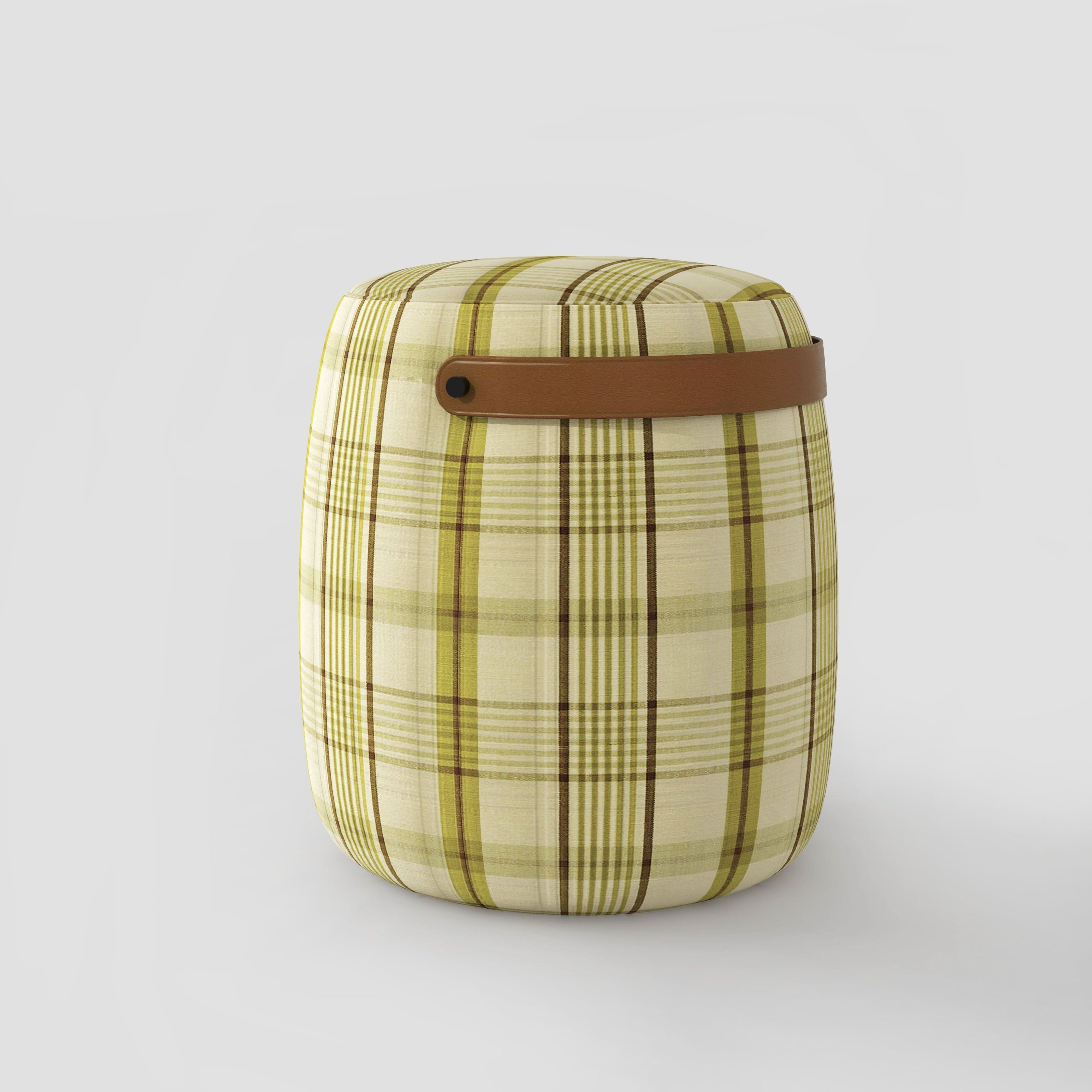 Haven British Check Round Pouffe Footstool with Leather Handle