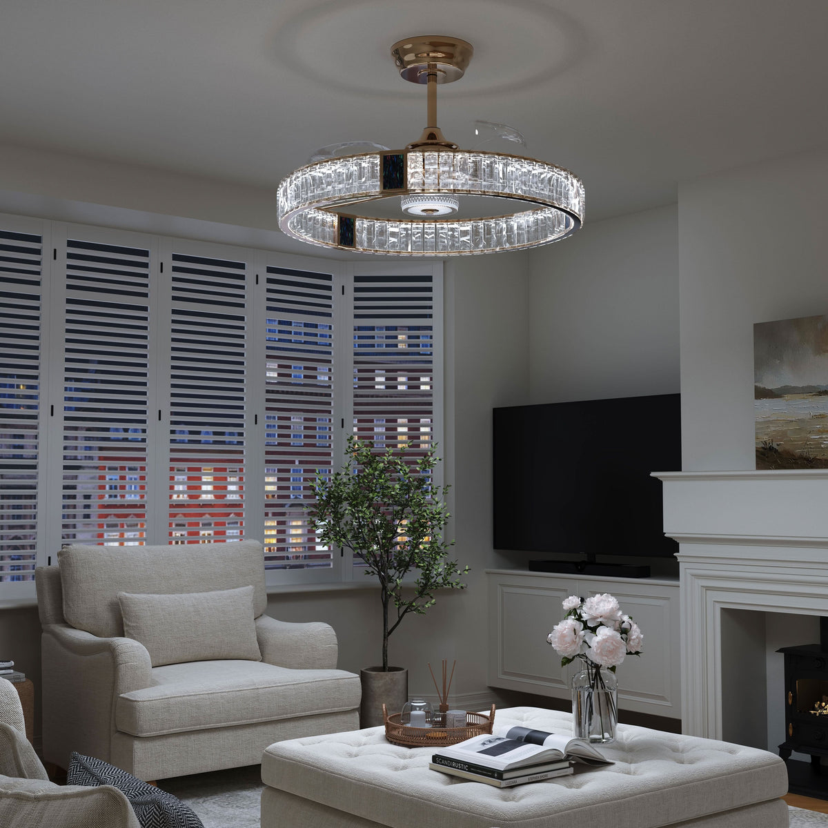 Lightsin 60cm Gold Crystal Ceiling Fan with LED Light, Remote Control & 6 Speeds