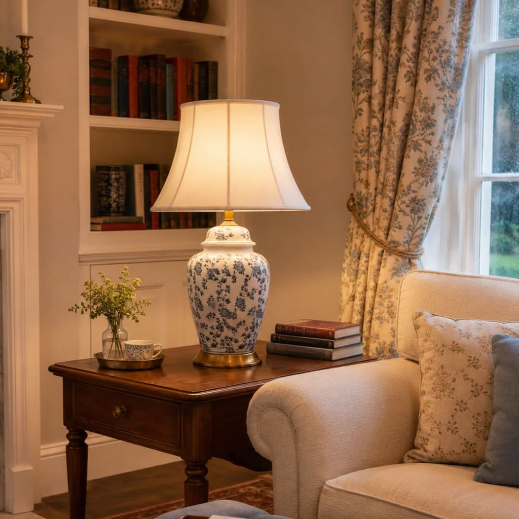 Lightsin Blue Floral Ceramic Table Lamp with Fabric Shade and Brass Base