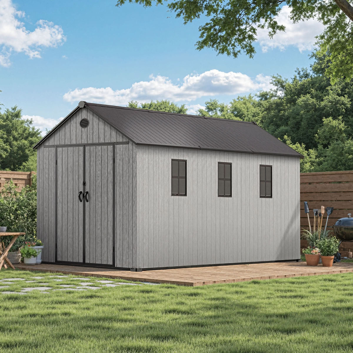 6'x8'ft/8'x8'ft/8'x12'ft/8'x16'ft Gray Wood Grain Plastic Tool Shed