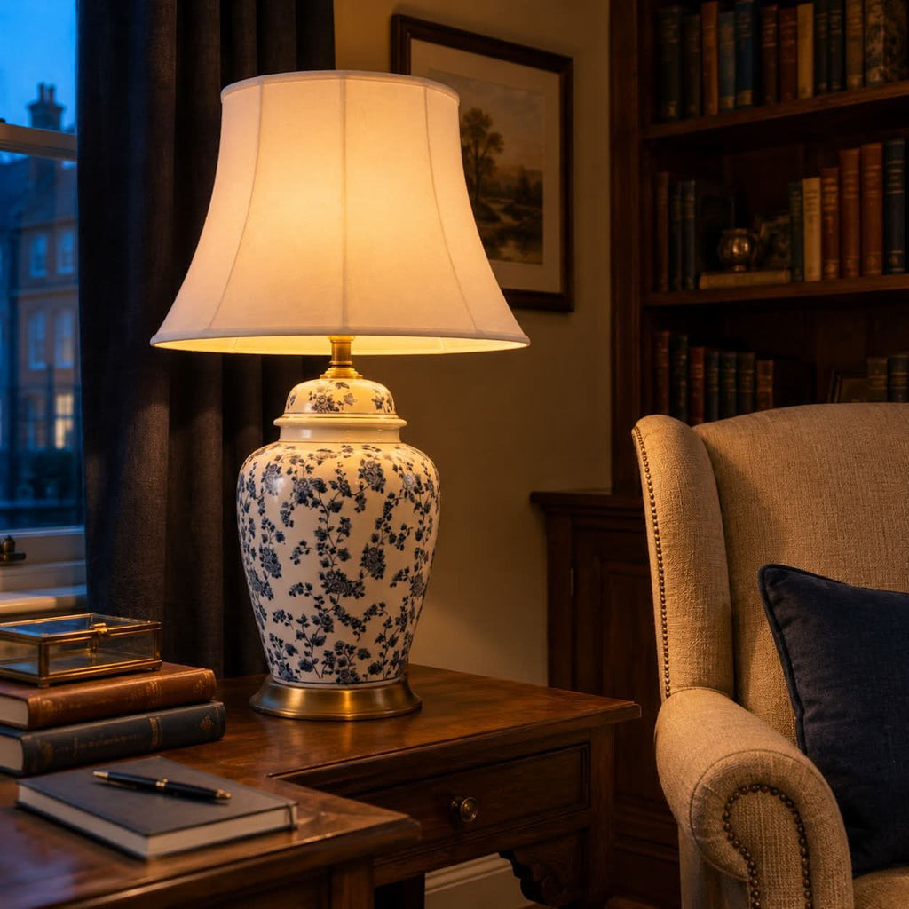 Lightsin Blue Floral Ceramic Table Lamp with Fabric Shade and Brass Base