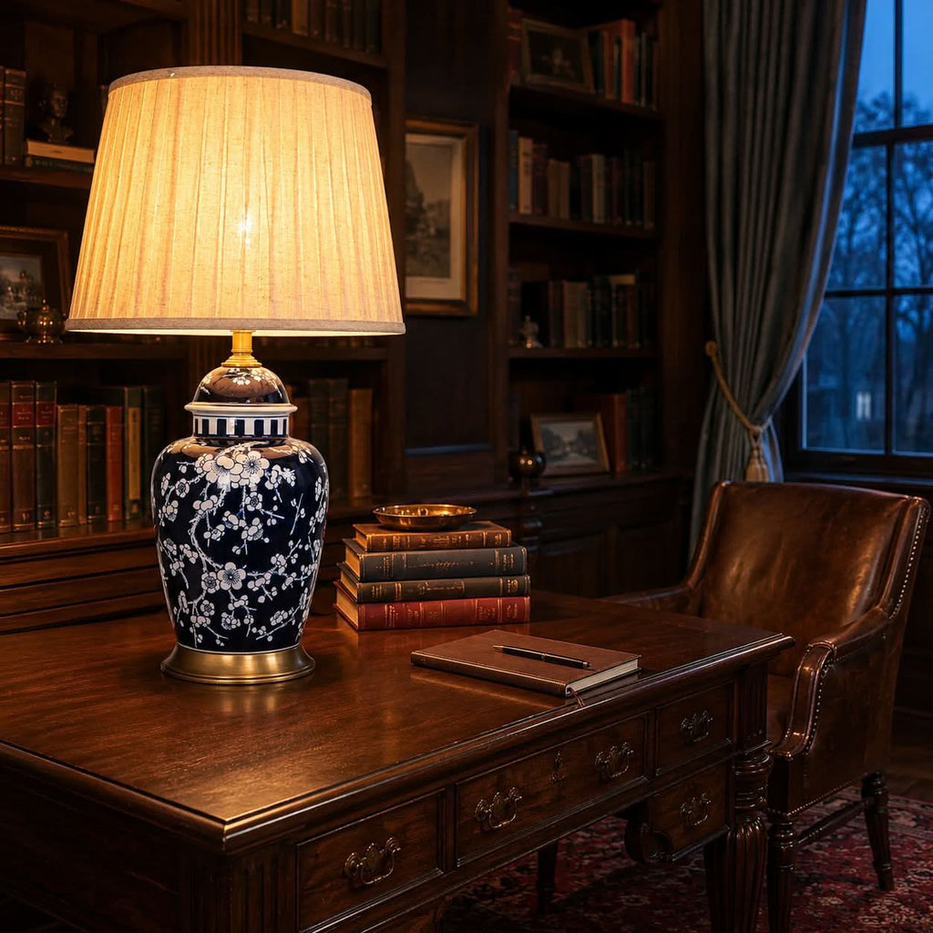 Lightsin Vintage Desk Lamp Ceramic Floral Design with Brass Base and Fabric Shade