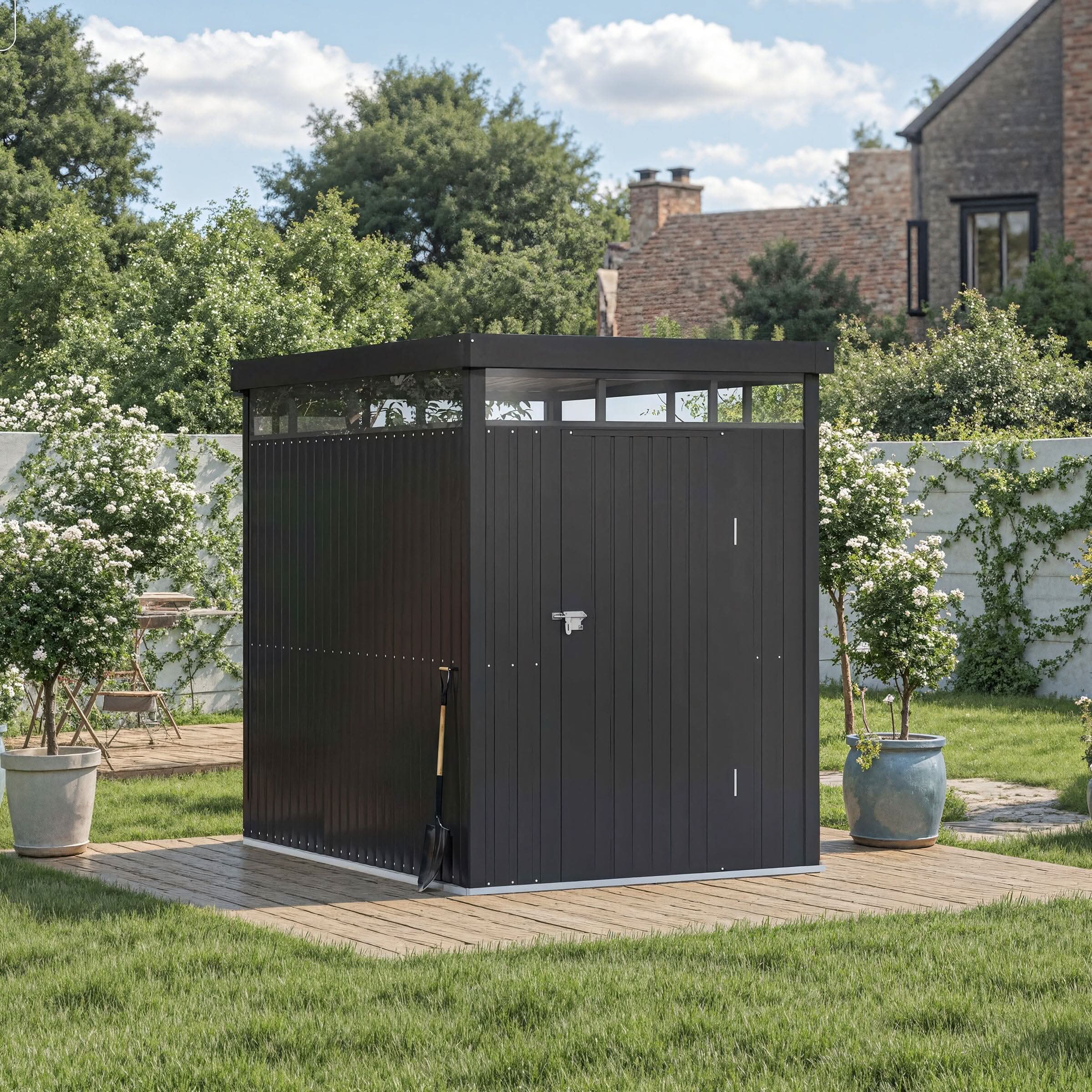 2x2.6x2m/1.6x2.6x2m/2.6x3x2m/4x3x2m Charcoal Black Galvanized Steel Storage Shed with Double/Single Lockable Doors