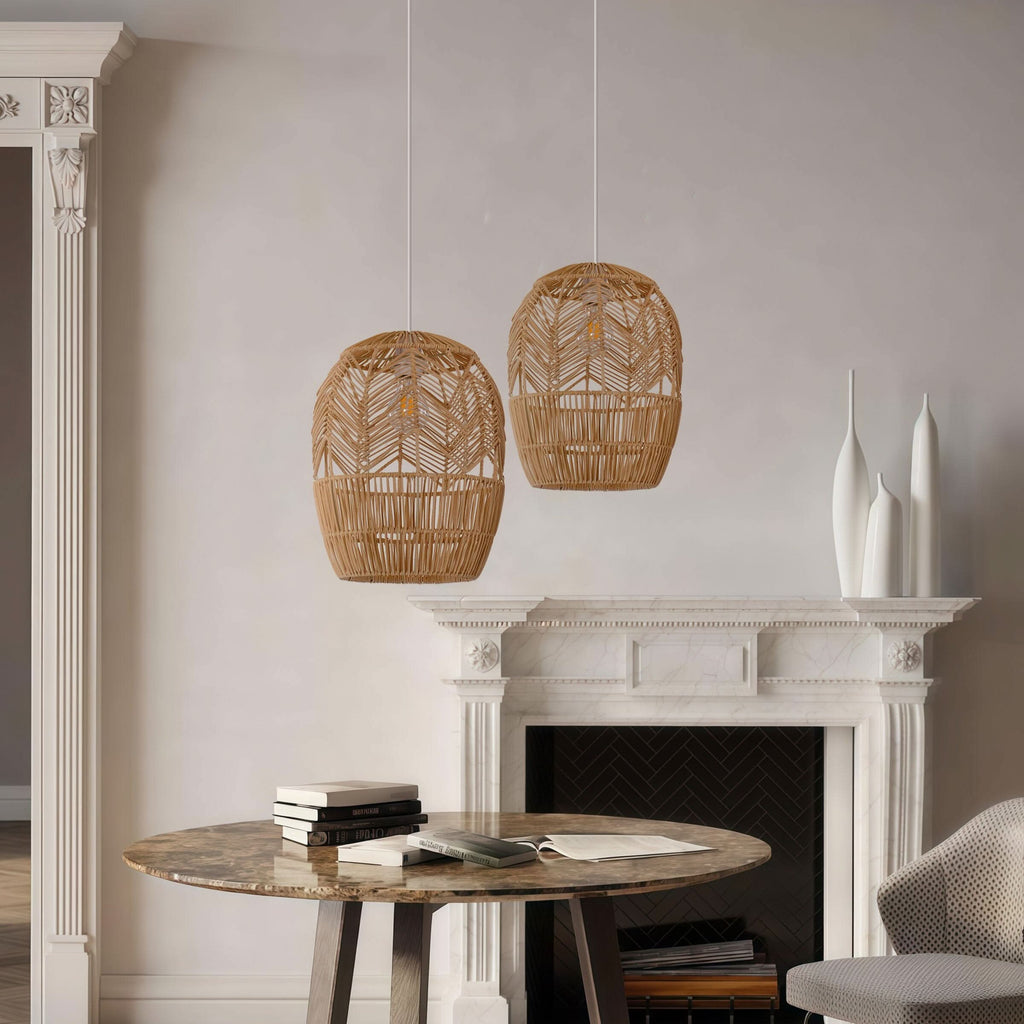 Lightsin Corrugated Elliptical Rattan Pendant Light for Living Room & Dining Room