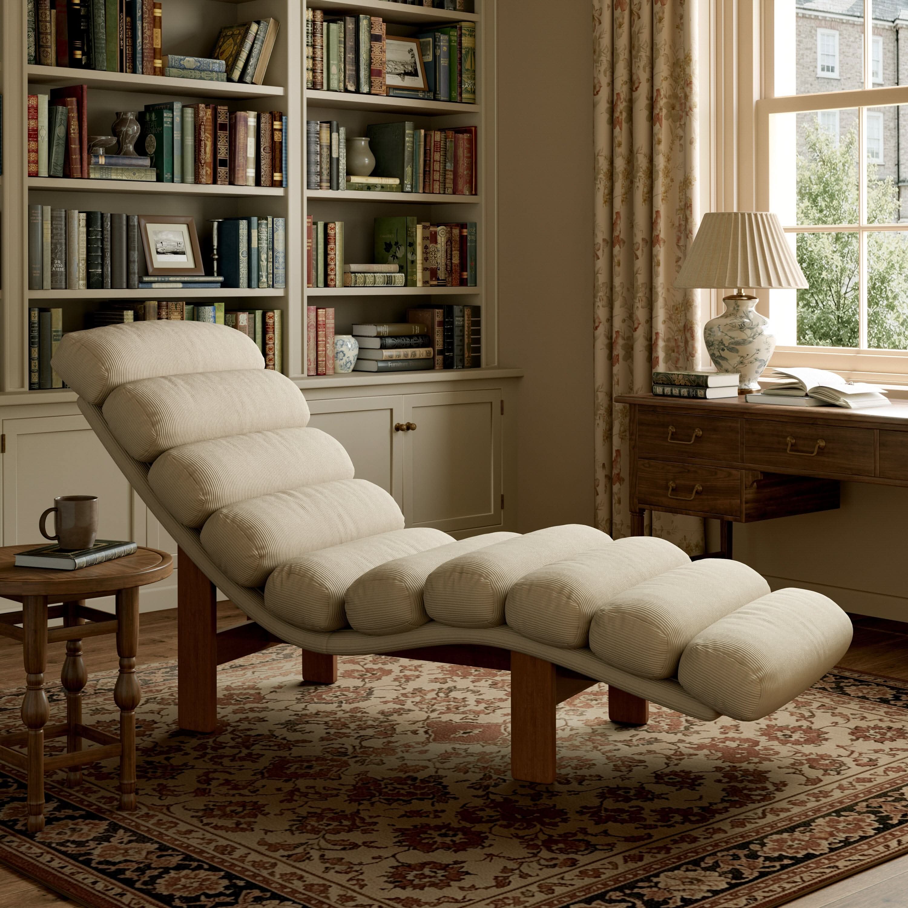 Cottonfy Modern Ergonomic Corduroy Chaise Lounge with Natural Wooden Frame