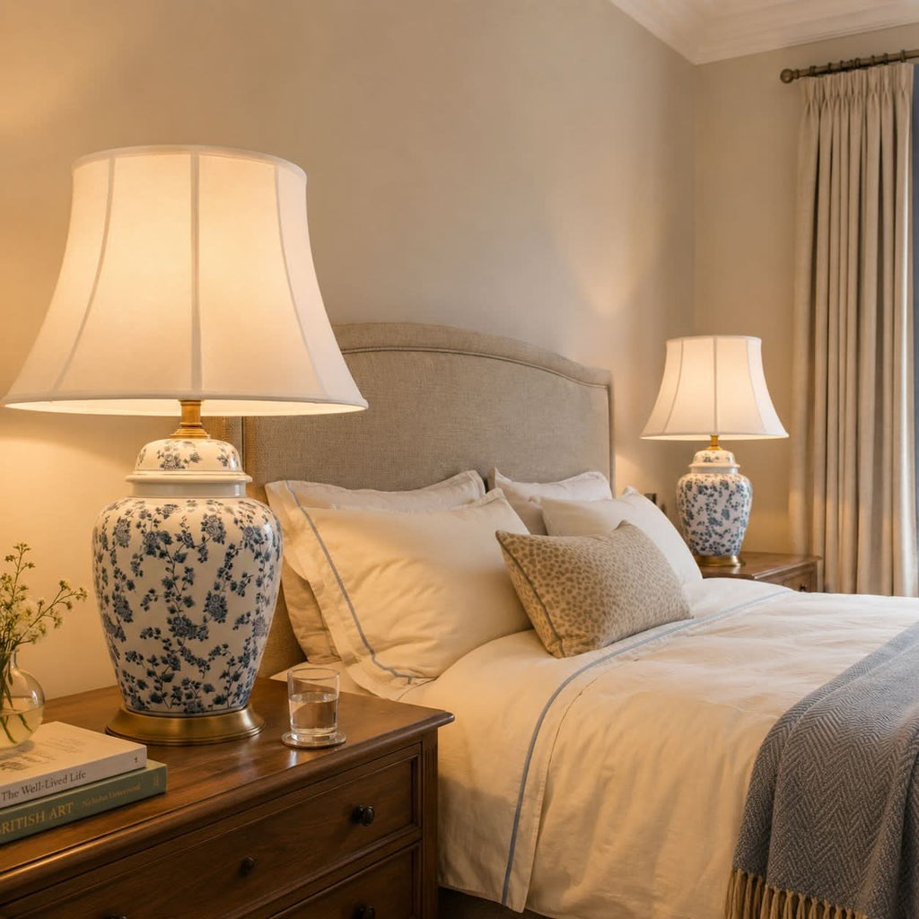Lightsin Blue Floral Ceramic Table Lamp with Fabric Shade and Brass Base