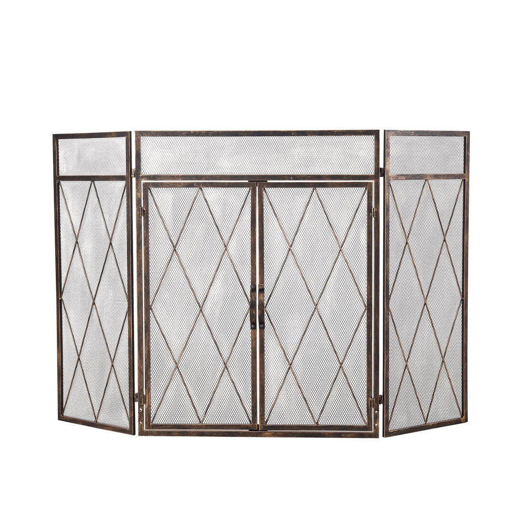 Smallbee Triple-Fold Iron Fireplace Screen Antique Copper Powder-Coated – 127x13x81cm