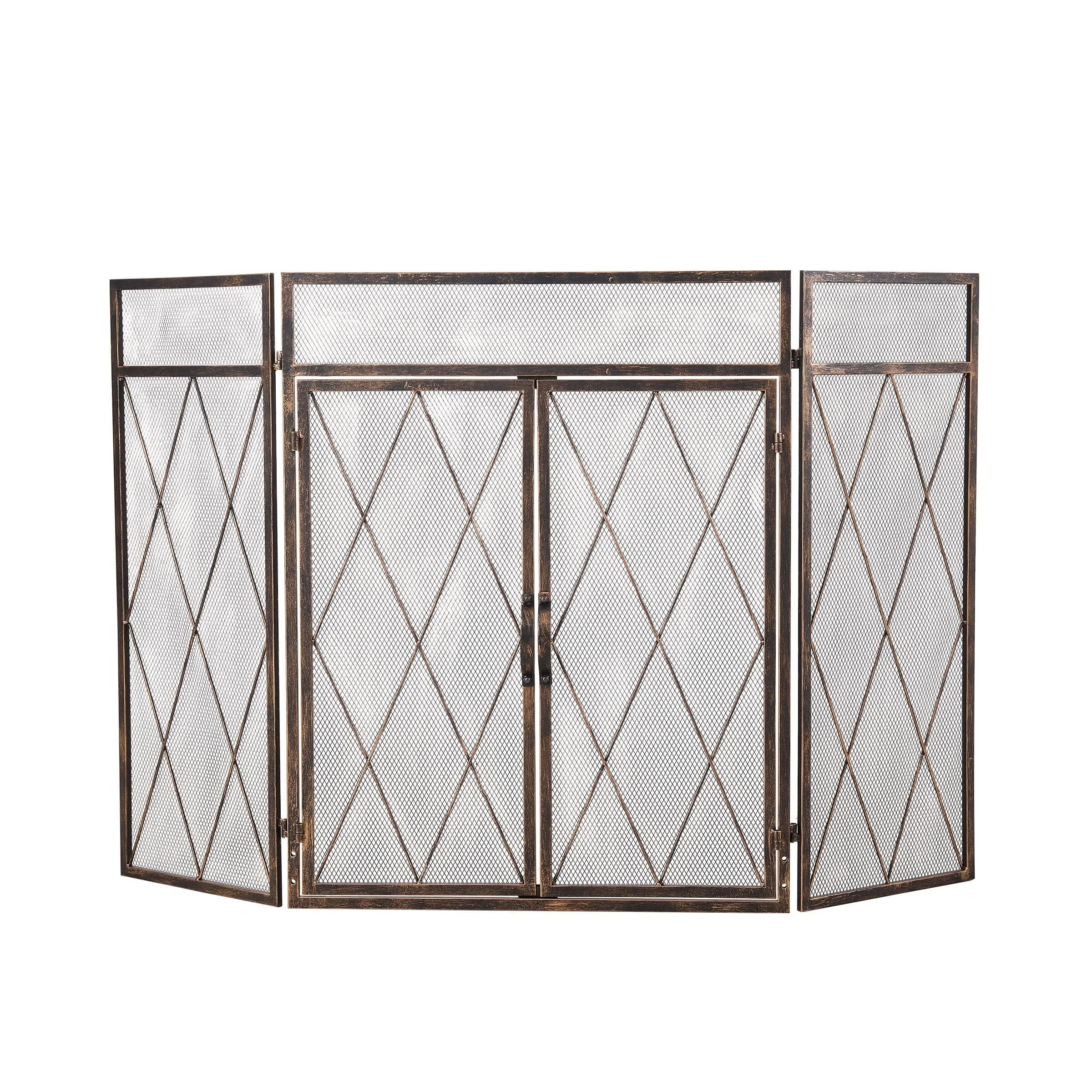 Smallbee Triple-Fold Iron Fireplace Screen Antique Copper Powder-Coated – 127x13x81cm