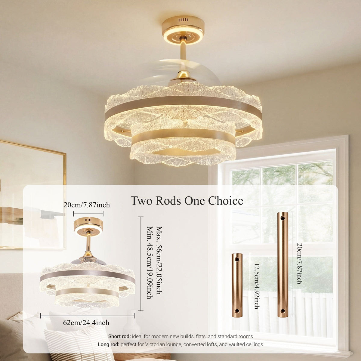 Lightsin Luxury Gold Frame LED Ceiling Fan Light with Retractable Blades
