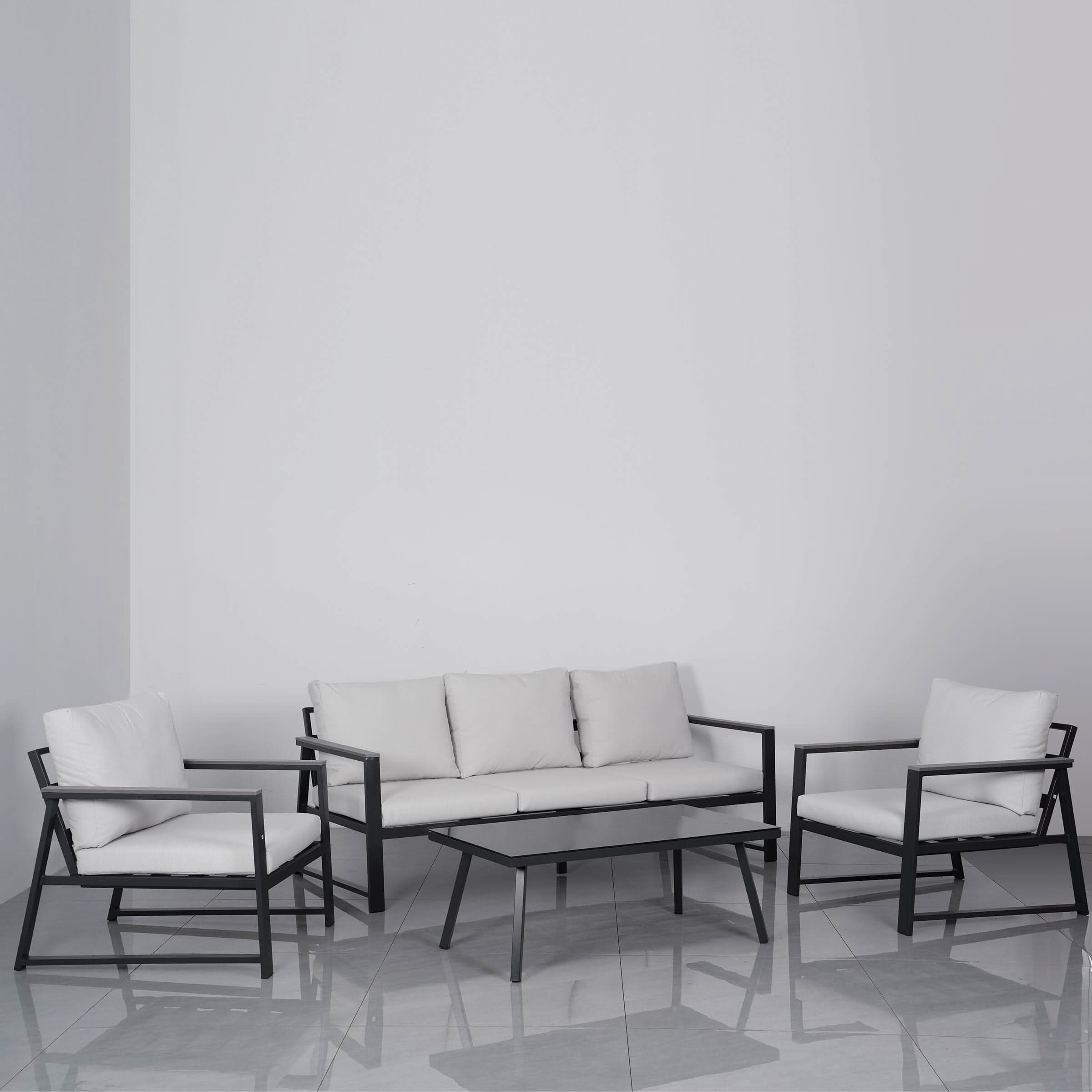 4 Piece Aluminium Outdoor Sofa Set with Glass Table Garden Furniture