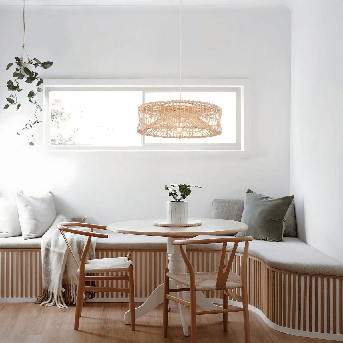 Lightsin Shallow Rattan Pendant Light for Kitchen Island Dining Area or Reading Corner