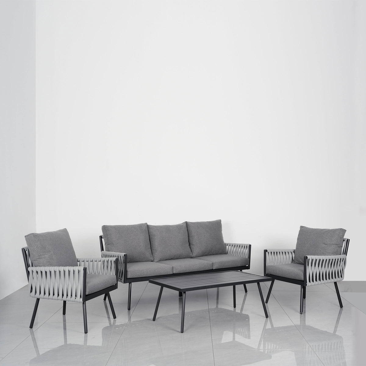 Outdoor Garden Furniture Set with Rope Weave and All Metal Frame 4 Piece Design