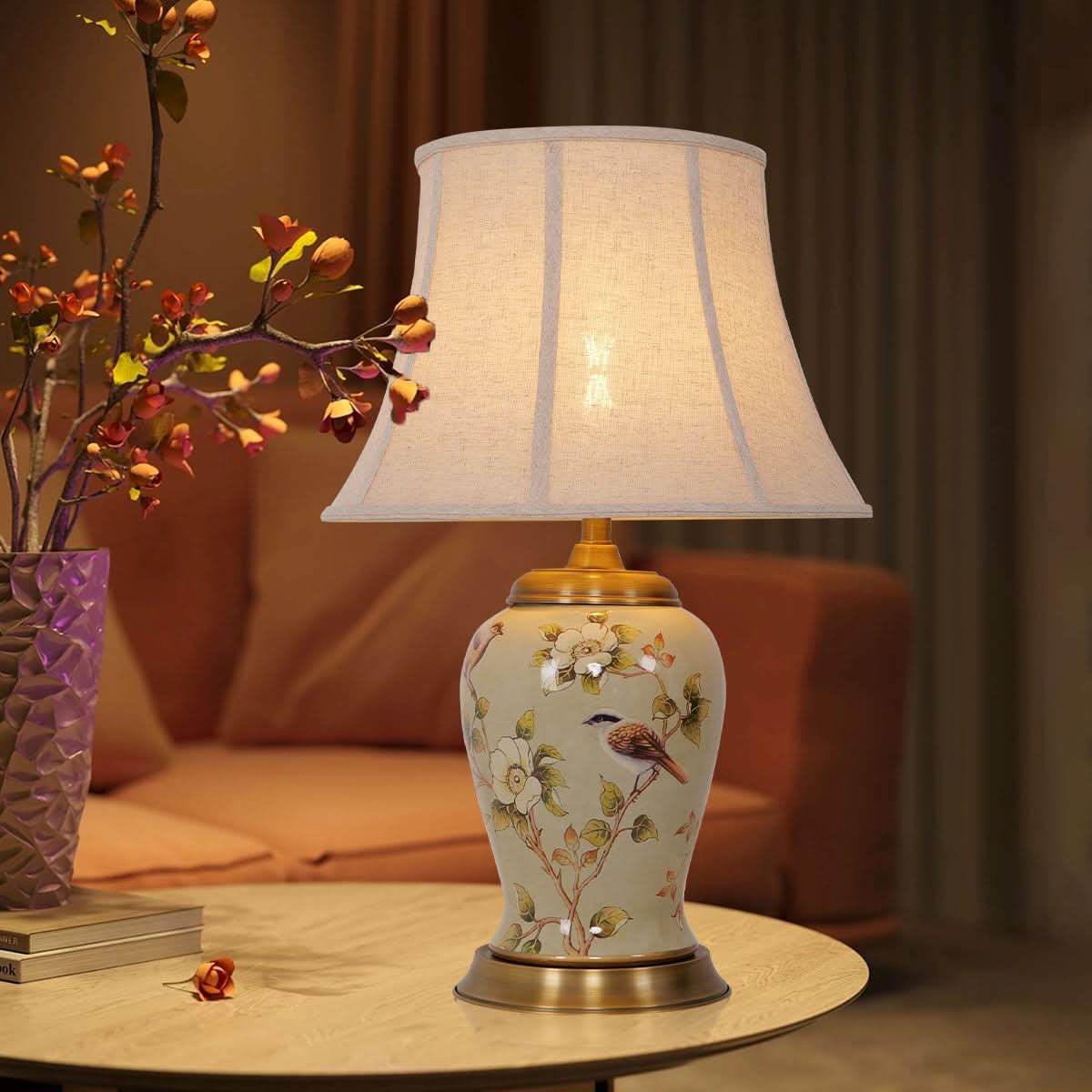Lightsin Vintage Camellia Ceramic Table Lamp with Copper Base and Fabric Shade