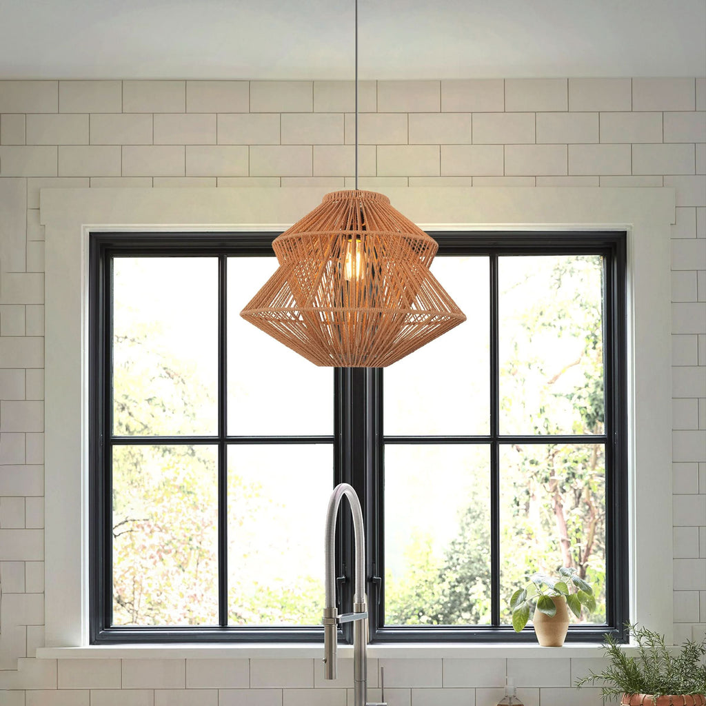 Lightsin Khaki Handwoven Paper Rope Pendant Light with Iron Frame