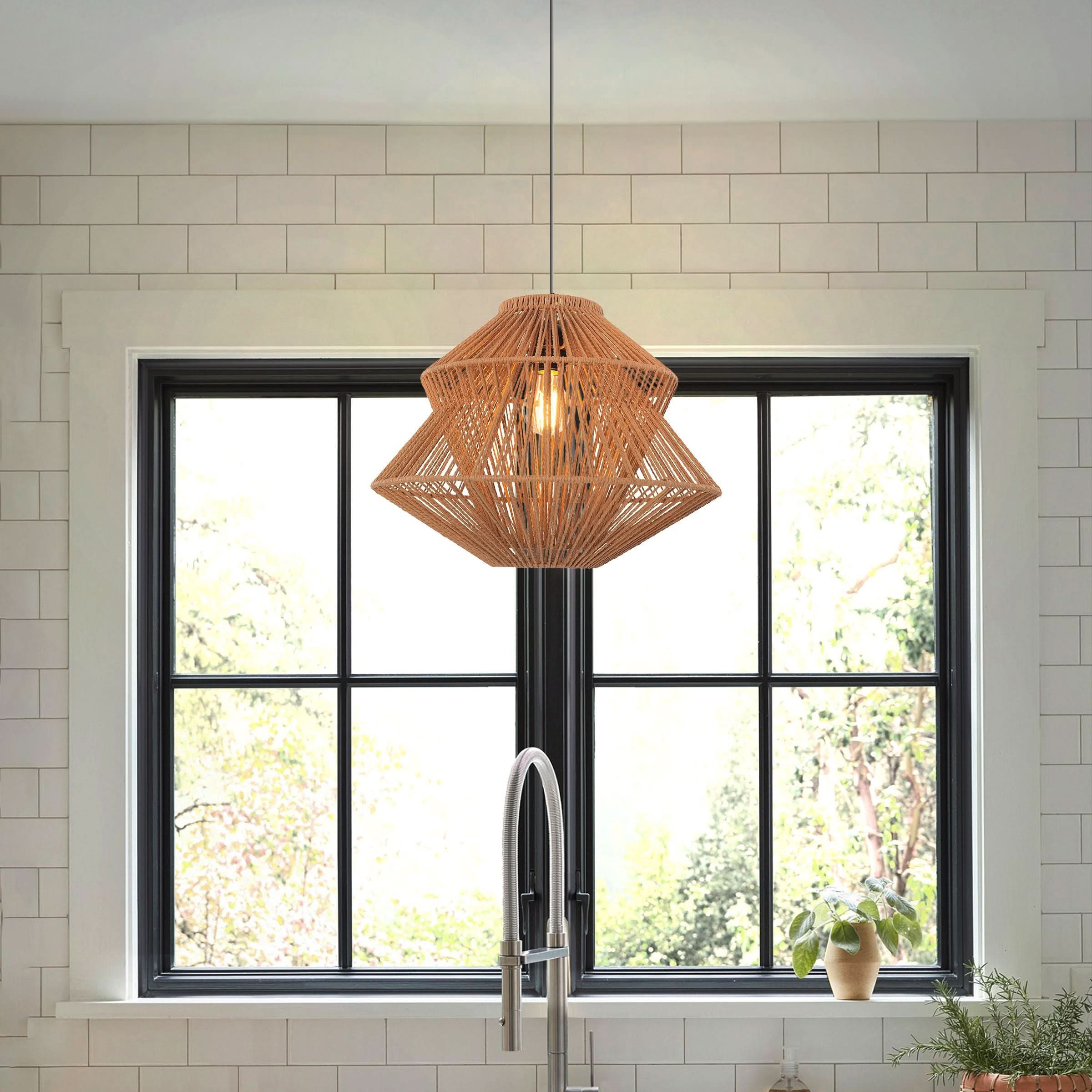 Lightsin Khaki Handwoven Paper Rope Pendant Light with Iron Frame