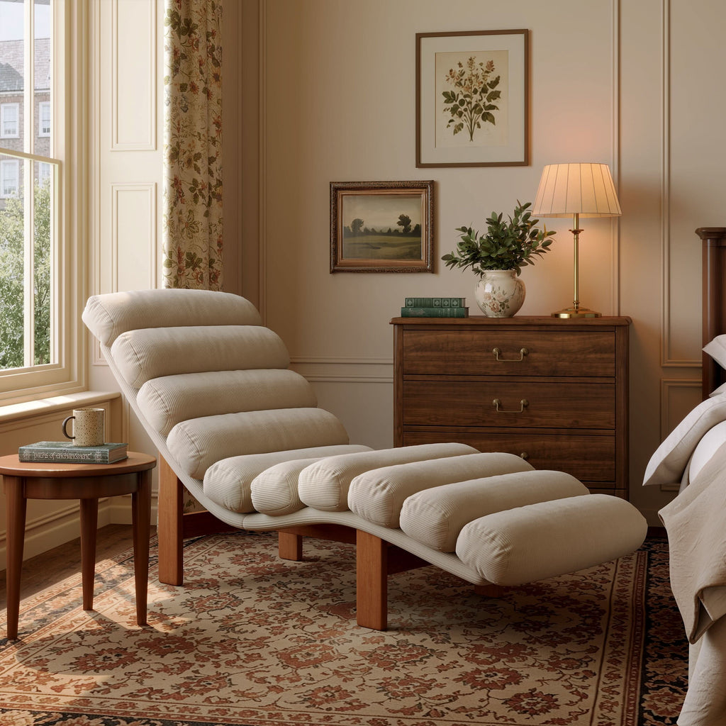 Cottonfy Modern Ergonomic Corduroy Chaise Lounge with Natural Wooden Frame
