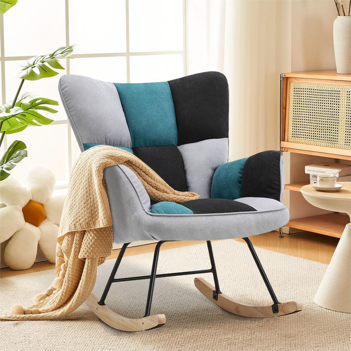 3ft Patchwork Upholstered Rocking Chair with Wooden Skates