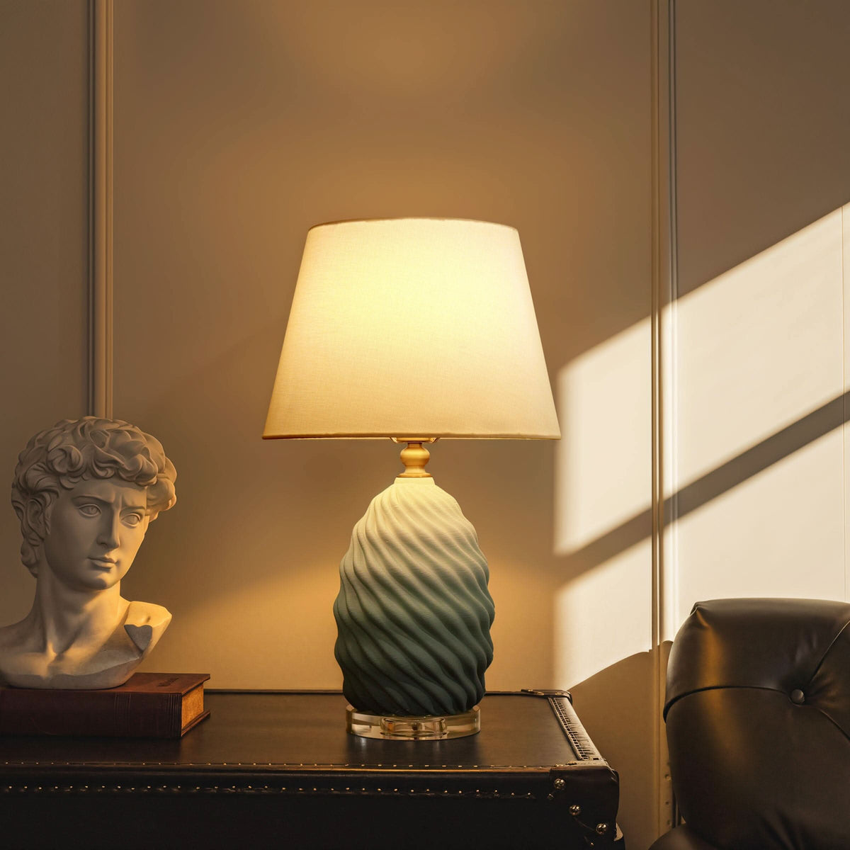 Lightsin 3D Green White Gradient Threaded Ceramic Table Lamp with Fabric Shade