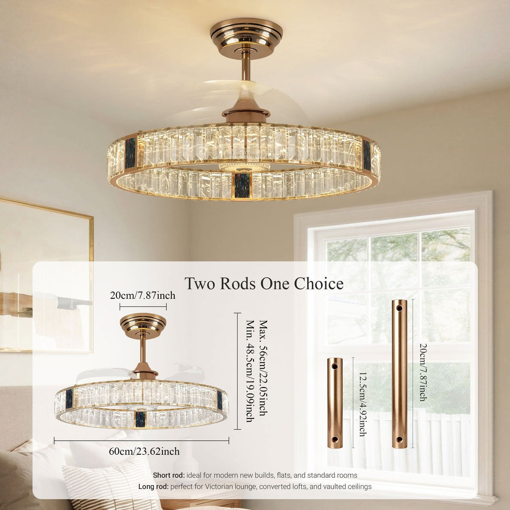 Lightsin 60cm Gold Crystal Ceiling Fan with LED Light, Remote Control & 6 Speeds