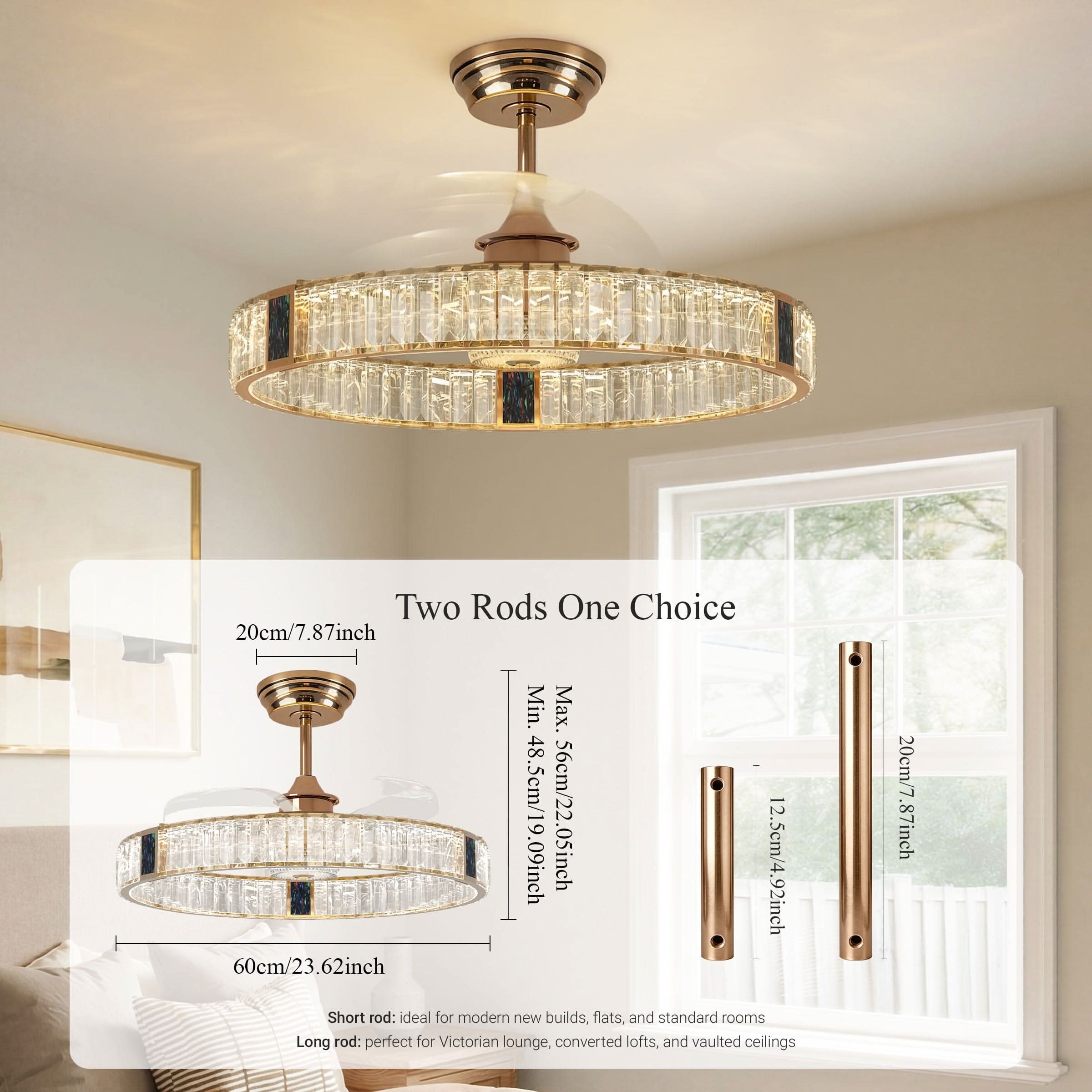 Lightsin 60cm Gold Crystal Ceiling Fan with LED Light, Remote Control & 6 Speeds