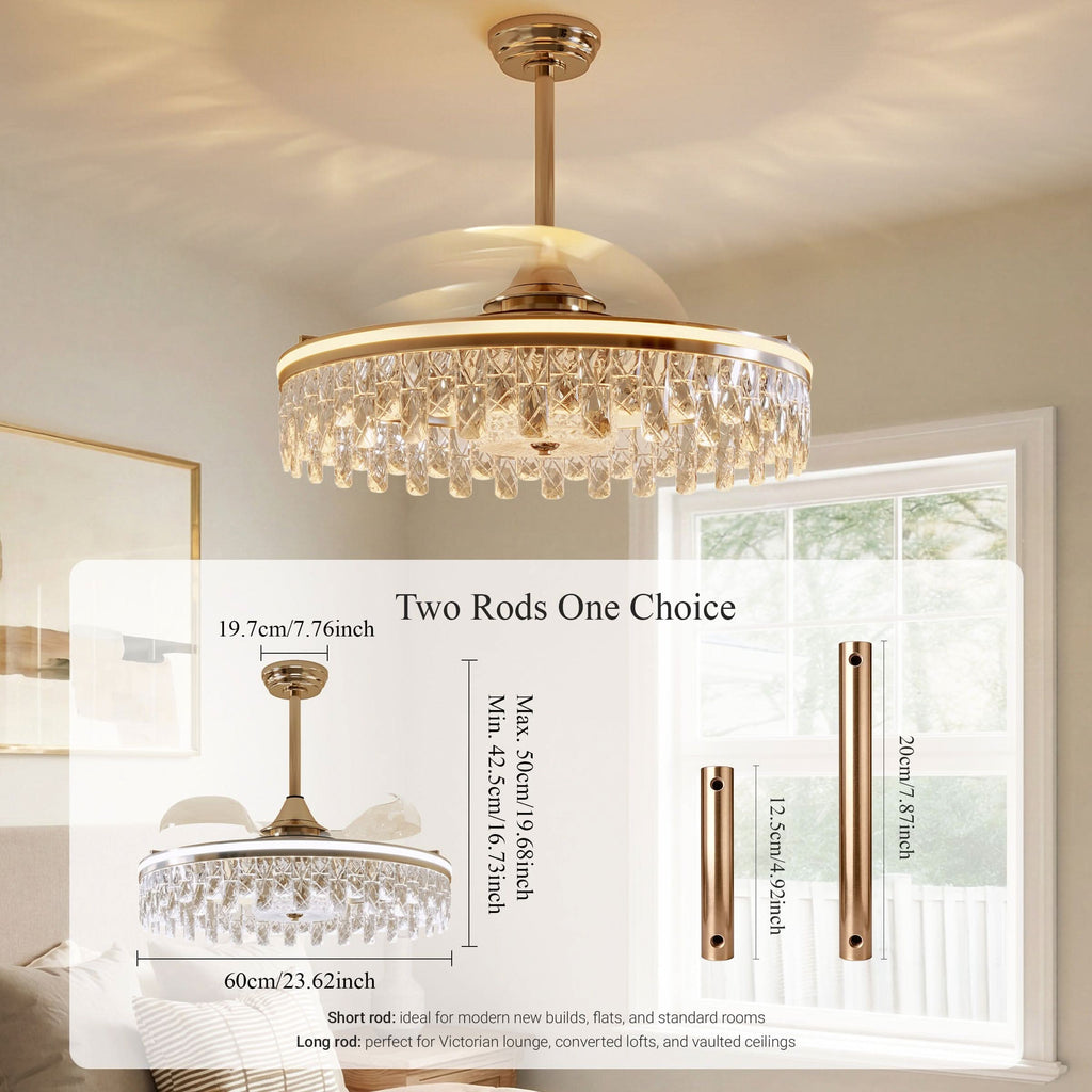 Lightsin 60cm Modern Gold Crystal Ceiling Fan with Light