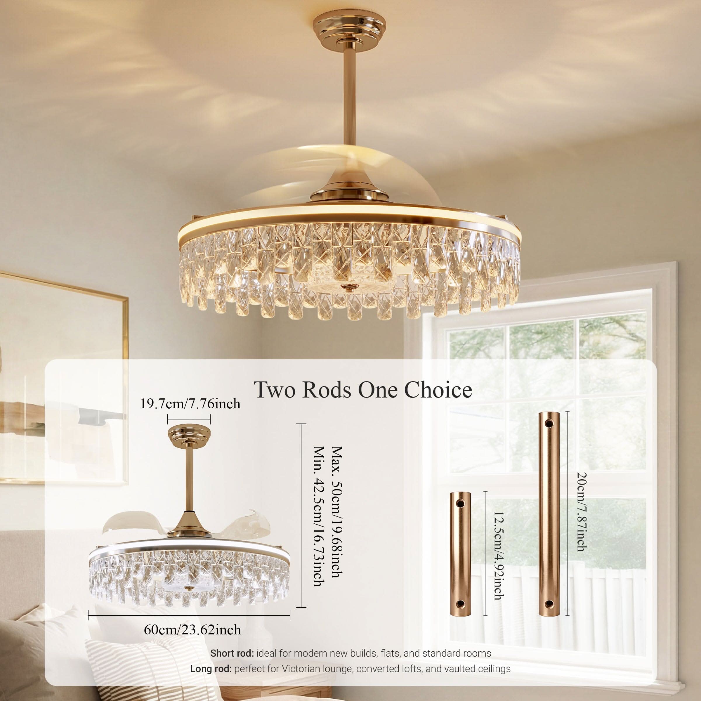 Lightsin 60cm Modern Gold Crystal Ceiling Fan with Light