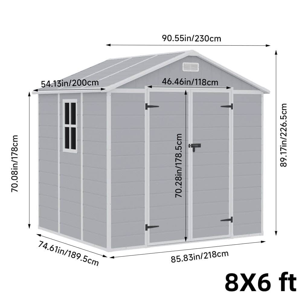 8x6ft / 8x8ft Plastic Outdoor Apex Roof Tool Shed with Dual-door (Ver.2)