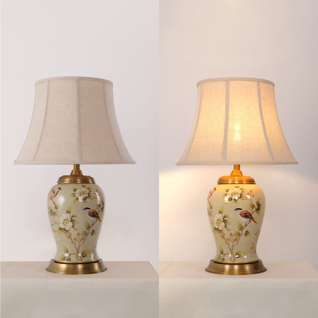 Lightsin Vintage Camellia Ceramic Table Lamp with Copper Base and Fabric Shade