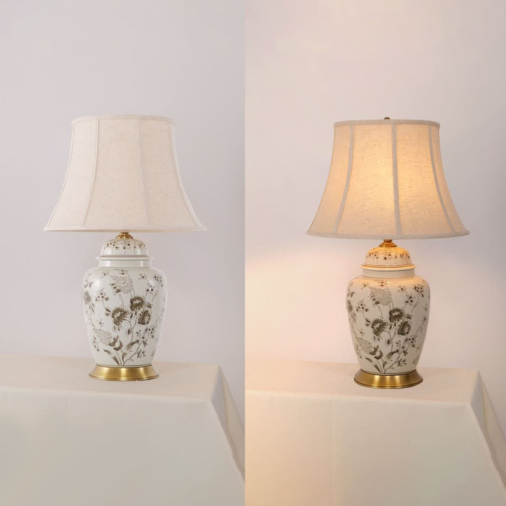 Lightsin Table Lamp Ceramic and Copper Chrysanthemum Design with Fabric Shade