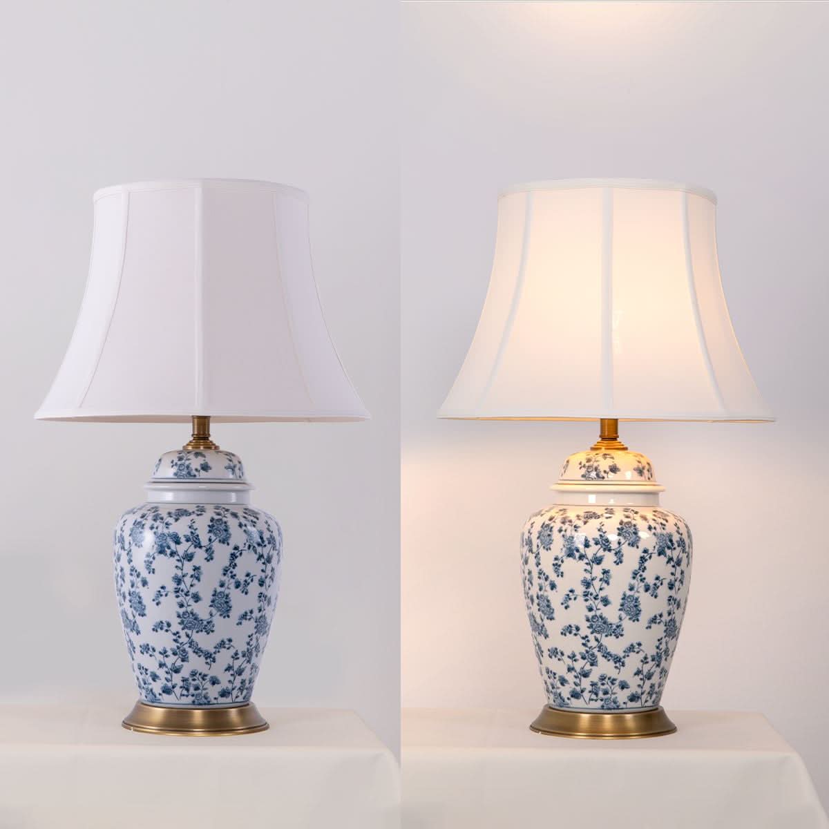 Lightsin Blue Floral Ceramic Table Lamp with Fabric Shade and Brass Base