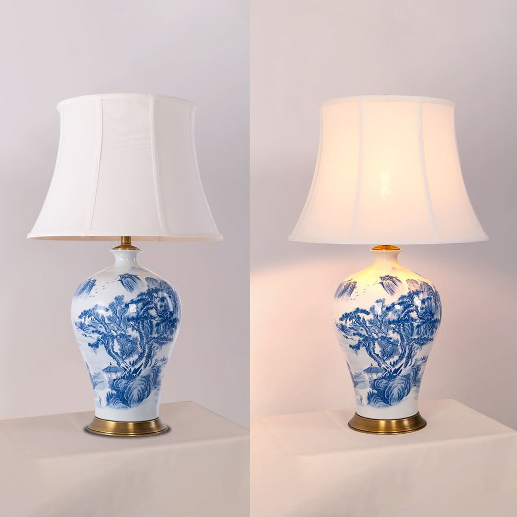 Lightsin Classic Ceramic Desk Lamp Blue and White with Fabric Shade