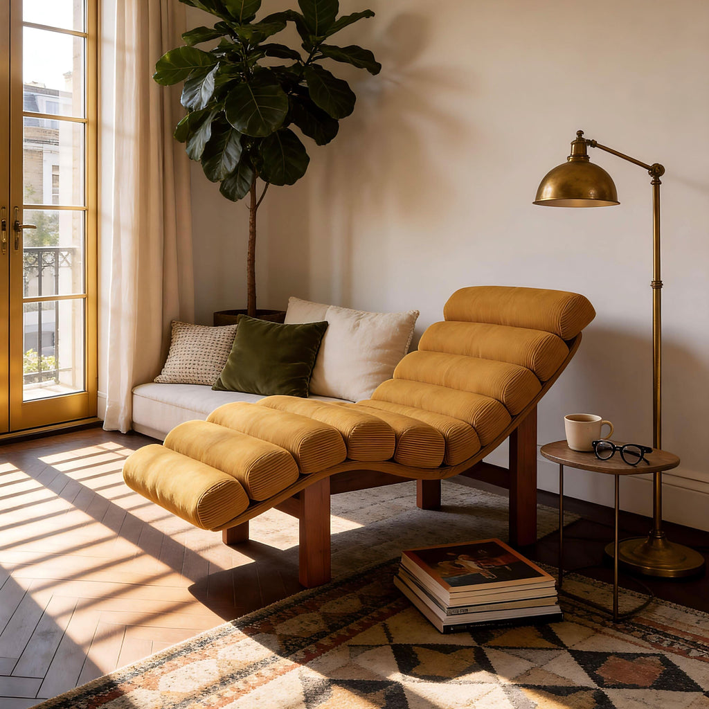 Cottonfy Modern Ergonomic Corduroy Chaise Lounge with Natural Wooden Frame
