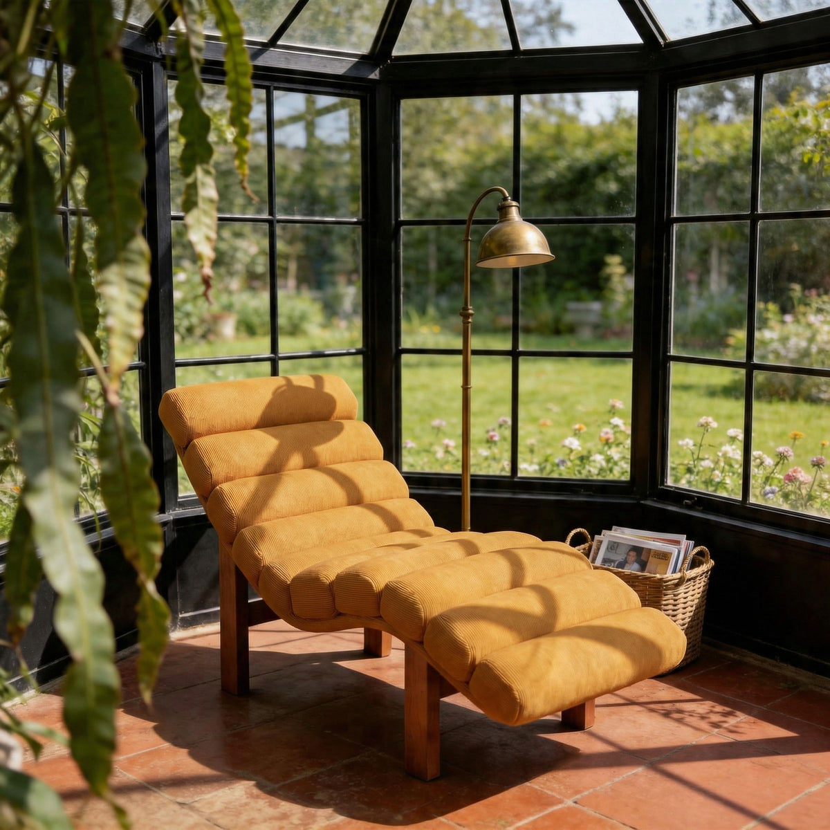 Cottonfy Modern Ergonomic Corduroy Chaise Lounge with Natural Wooden Frame