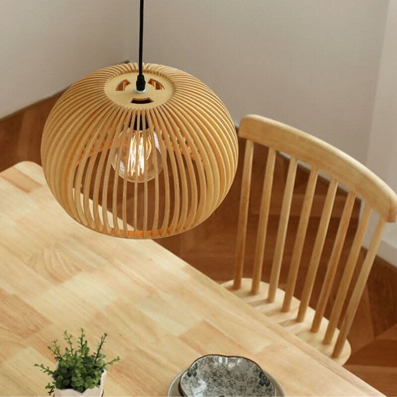 Lightsin Shadome-Natural Wood Pumpkin Pendant Light Eco Friendly Rustic Hanging Lamp for Home Decor