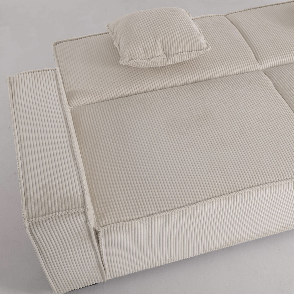 Beige & Grey Corduroy Sofa Bed with Adjustable Backrest and Spring Coil Support