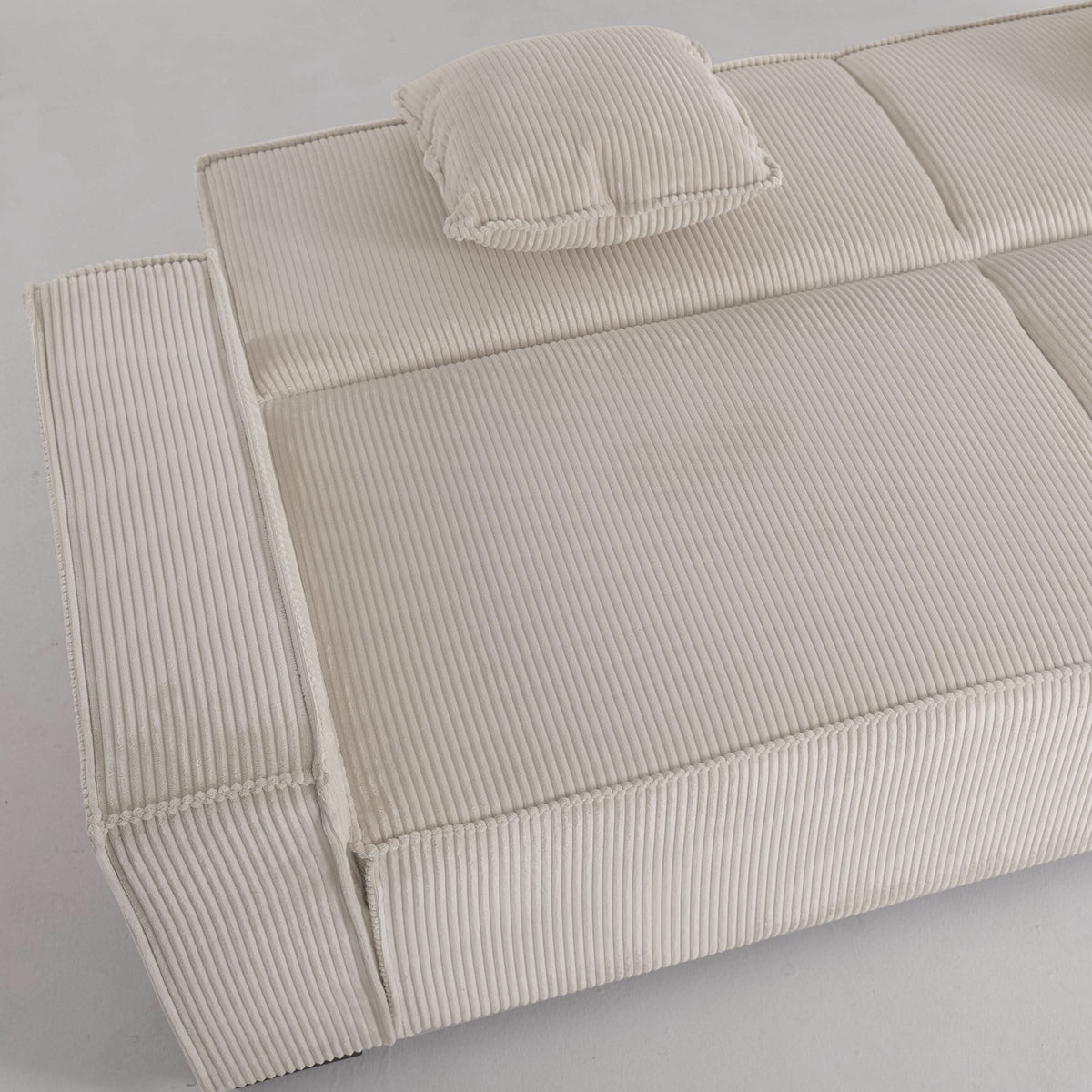 Beige & Grey Corduroy Sofa Bed with Adjustable Backrest and Spring Coil Support