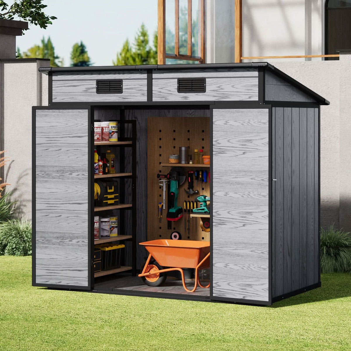 6x4ft / 8x4ft Plastic Outdoor Garden Storage Shed  with Light Grey