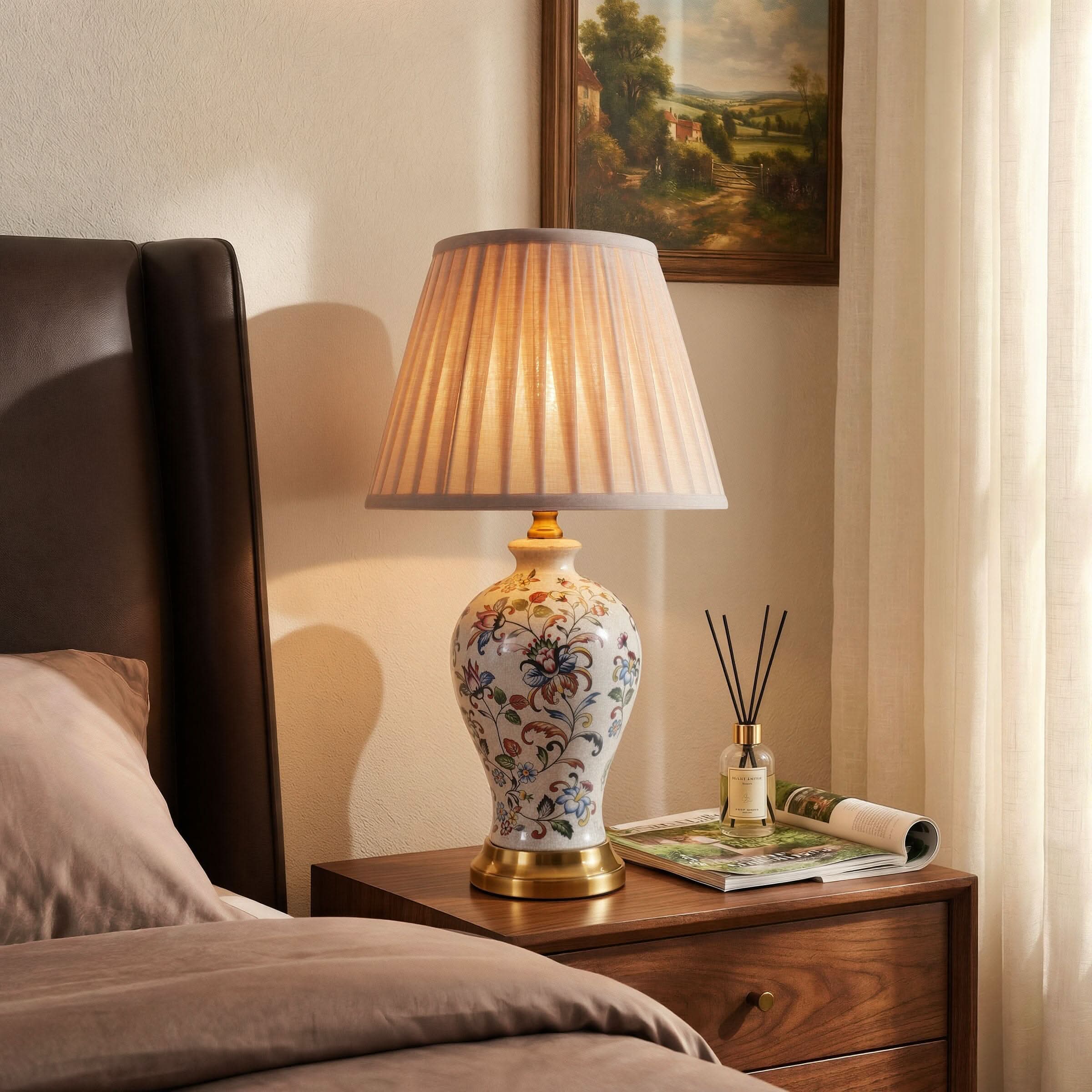 Lightsin Chinoiserie Hand-Painted Porcelain Table Lamp with Pleated Linen Shade