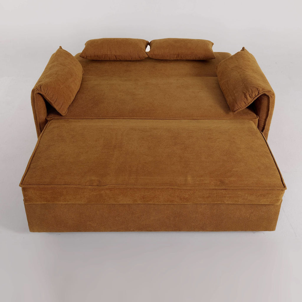 Caramel & Ginger Yellow Fabric Sofa Bed with Adjustable Backrest and Easy Pull-Out Mechanism
