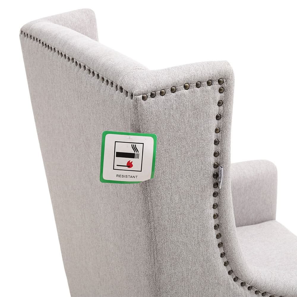 Grey Burlap High Back Studded Armchair with Cushion