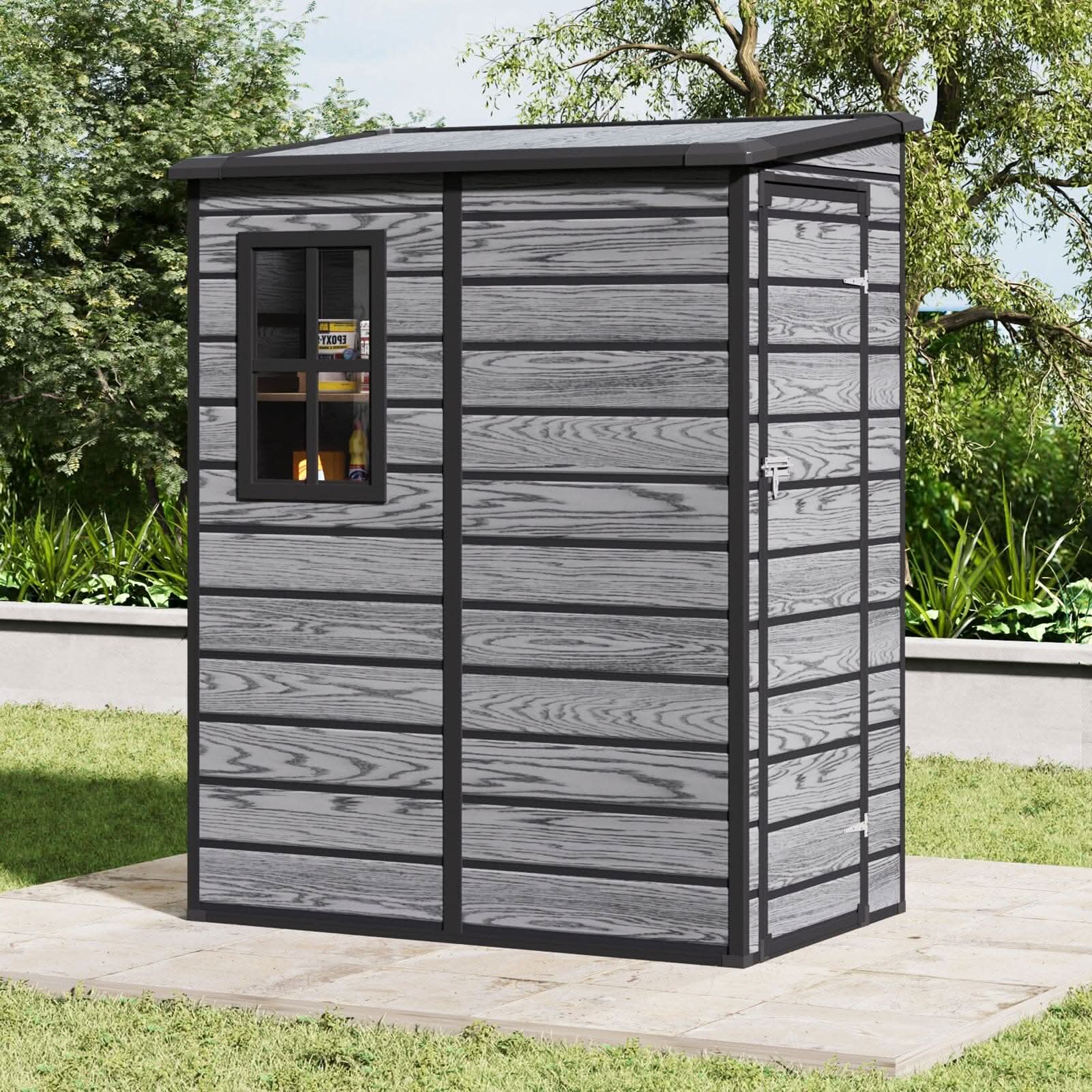 5x3ft / 5x4ft Plastic Garden Storage Shed with Front and Size Door for Bikes and Tools