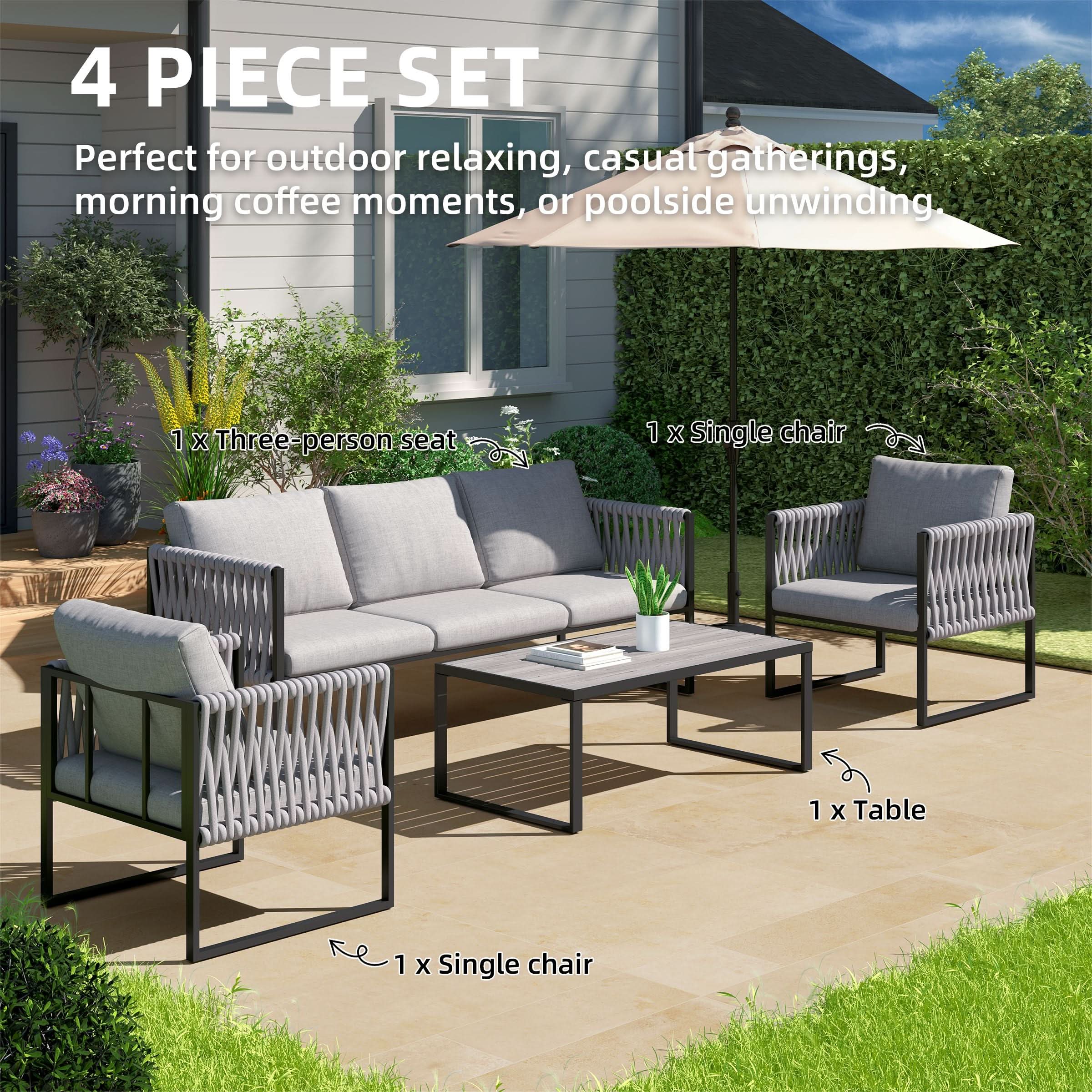 4 Piece Outdoor Garden Sofa Set with Rope Detailing and Sturdy Metal Frame