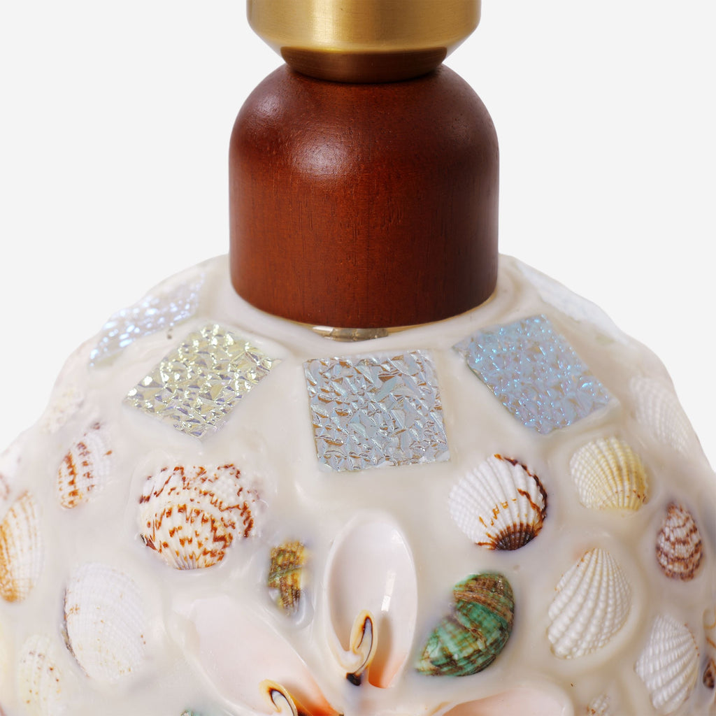 Mosaic Seashell Table Lamp - Coastal Glass & Wood Bedside Light